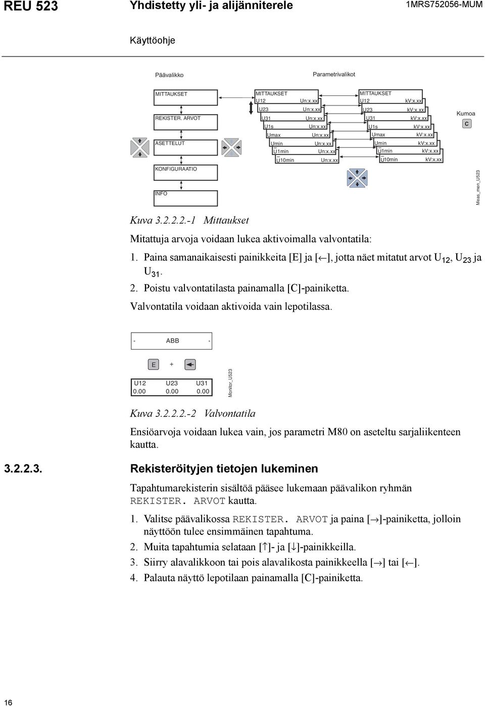 Kuva 3.2.2.2.-1 Mittaukset Mitattuja arvoja voidaan lukea aktivoimalla valvontatila: 1. Paina samanaikaisesti painikkeita [E] ja [ ], jotta näet mitatut arvot U 12, U 23