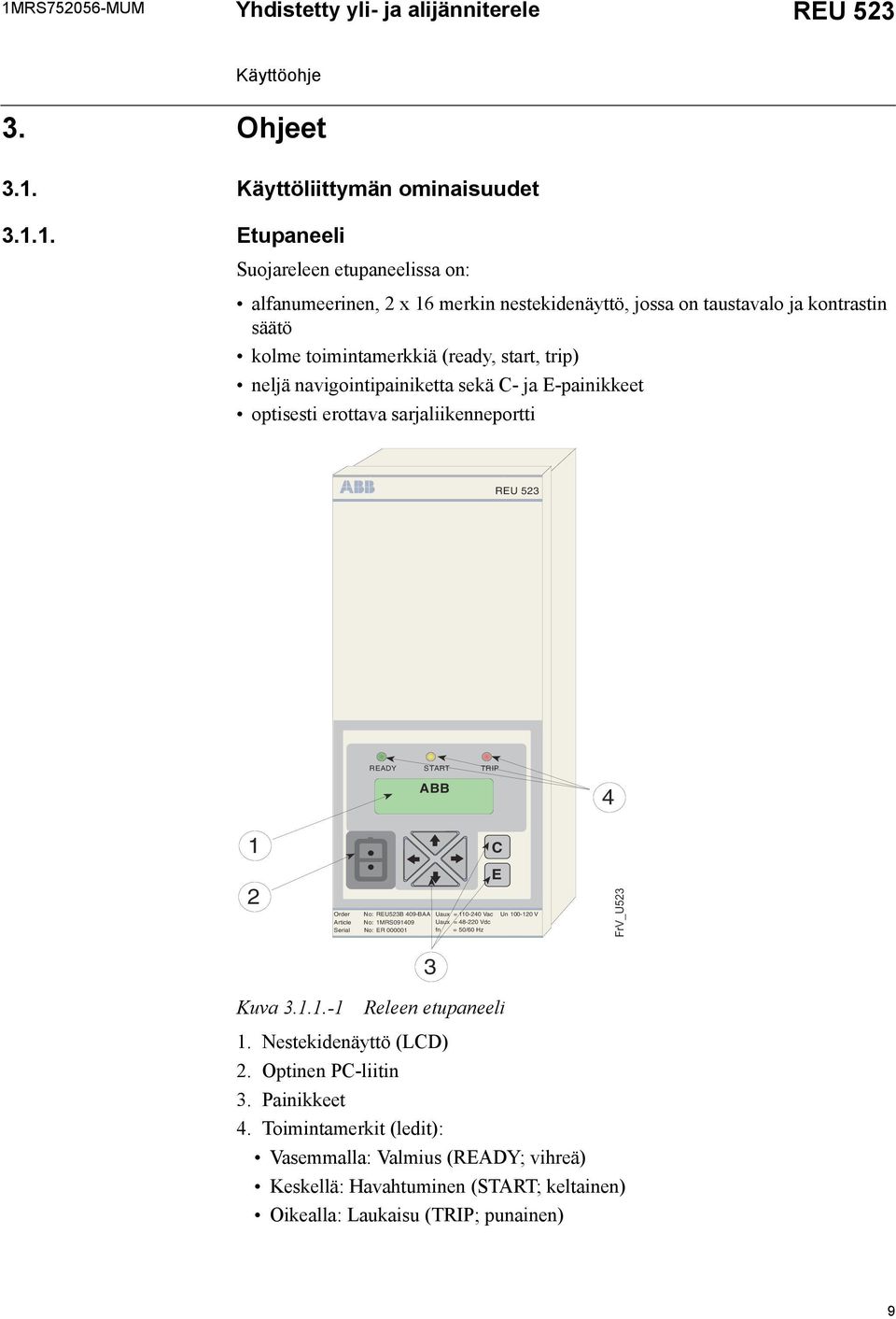 ABB 4 1 2 E Order No: REU523B 409-BAA Uaux = 110-240 Vac Un 100-120 V Article No: 1MRS091409 Uaux = 48-220 Vdc Serial No: ER 000001 fn = 50/60 Hz FrV_U523 3 Kuva 3.1.1.-1 Releen etupaneeli 1.