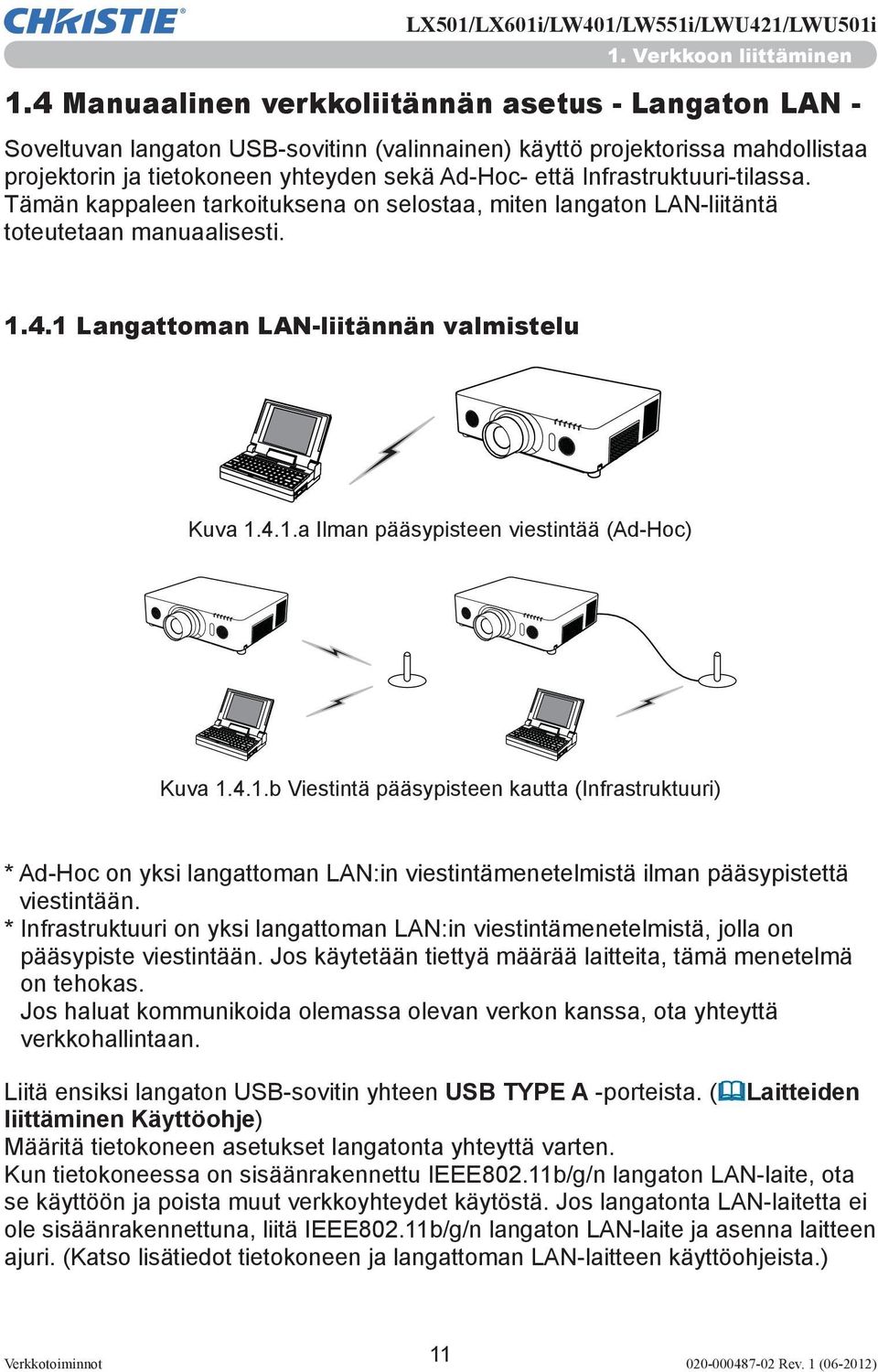 Infrastruktuuri-tilassa. Tämän kappaleen tarkoituksena on selostaa, miten langaton LAN-liitäntä toteutetaan manuaalisesti. 1.4.1 Langattoman LAN-liitännän valmistelu Kuva 1.4.1.a Ilman pääsypisteen viestintää (Ad-Hoc) Kuva 1.