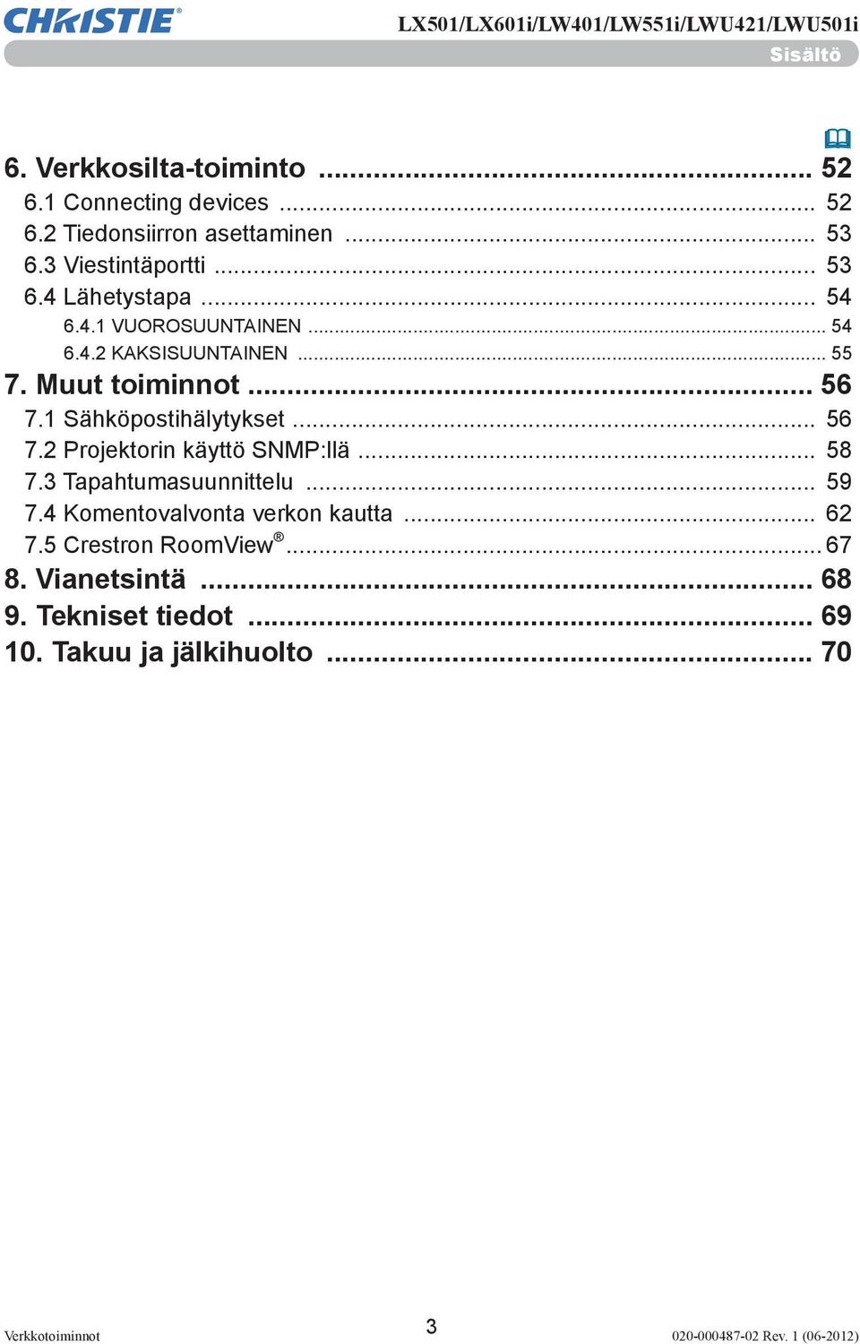 .. 56 7.1 Sähköpostihälytykset... 56 7.2 Projektorin käyttö SNMP:llä... 58 7.3 Tapahtumasuunnittelu... 59 7.