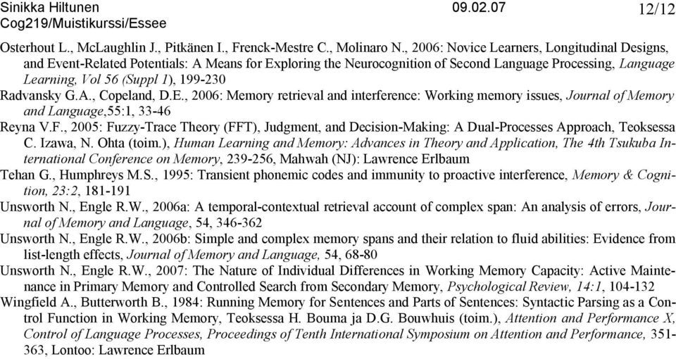 Radvansky G.A., Copeland, D.E., 2006: Memory retrieval and interference: Working memory issues, Journal of Memory and Language,55:1, 33-46 Reyna V.F.