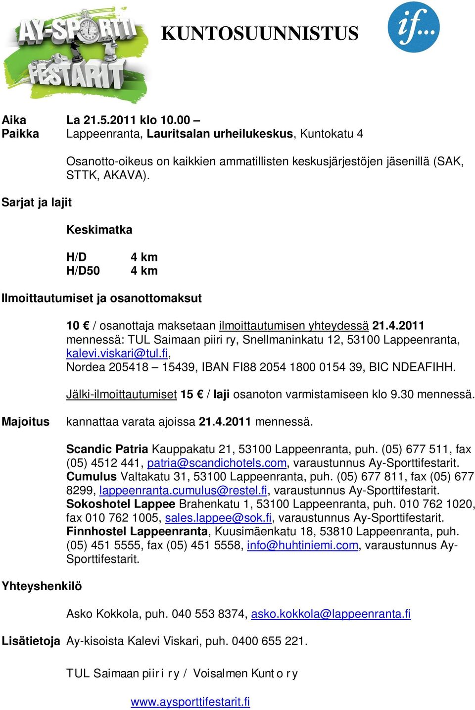 Keskimatka H/D H/D50 4 km 4 km Ilmoittautumiset ja osanottomaksut 10 / osanottaja maksetaan ilmoittautumisen yhteydessä 21.4.2011 mennessä: TUL Saimaan piiri ry, Snellmaninkatu 12, 53100 Lappeenranta, kalevi.
