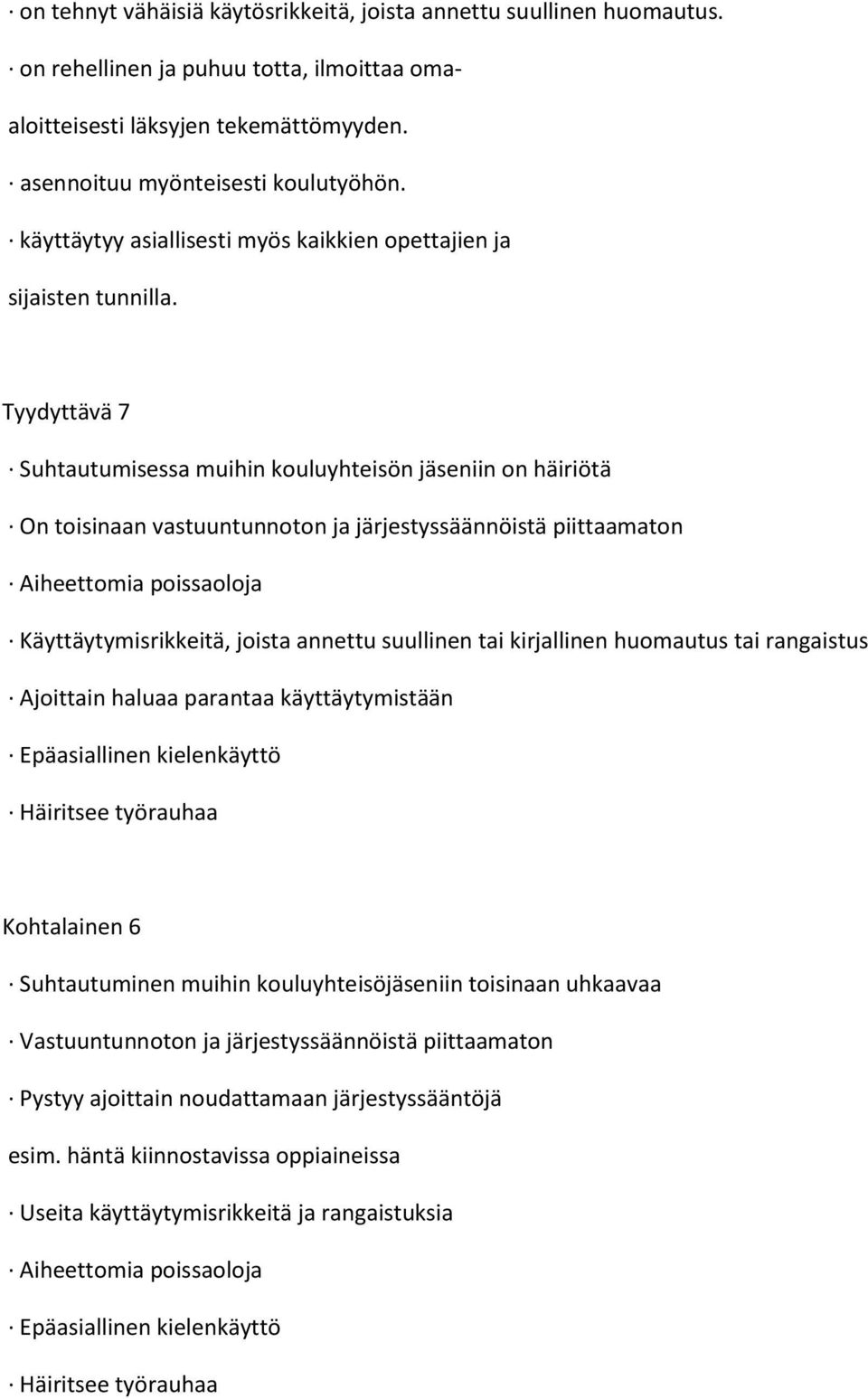 Tyydyttävä 7 Suhtautumisessa muihin kouluyhteisön jäseniin on häiriötä On toisinaan vastuuntunnoton ja järjestyssäännöistä piittaamaton Aiheettomia poissaoloja Käyttäytymisrikkeitä, joista annettu