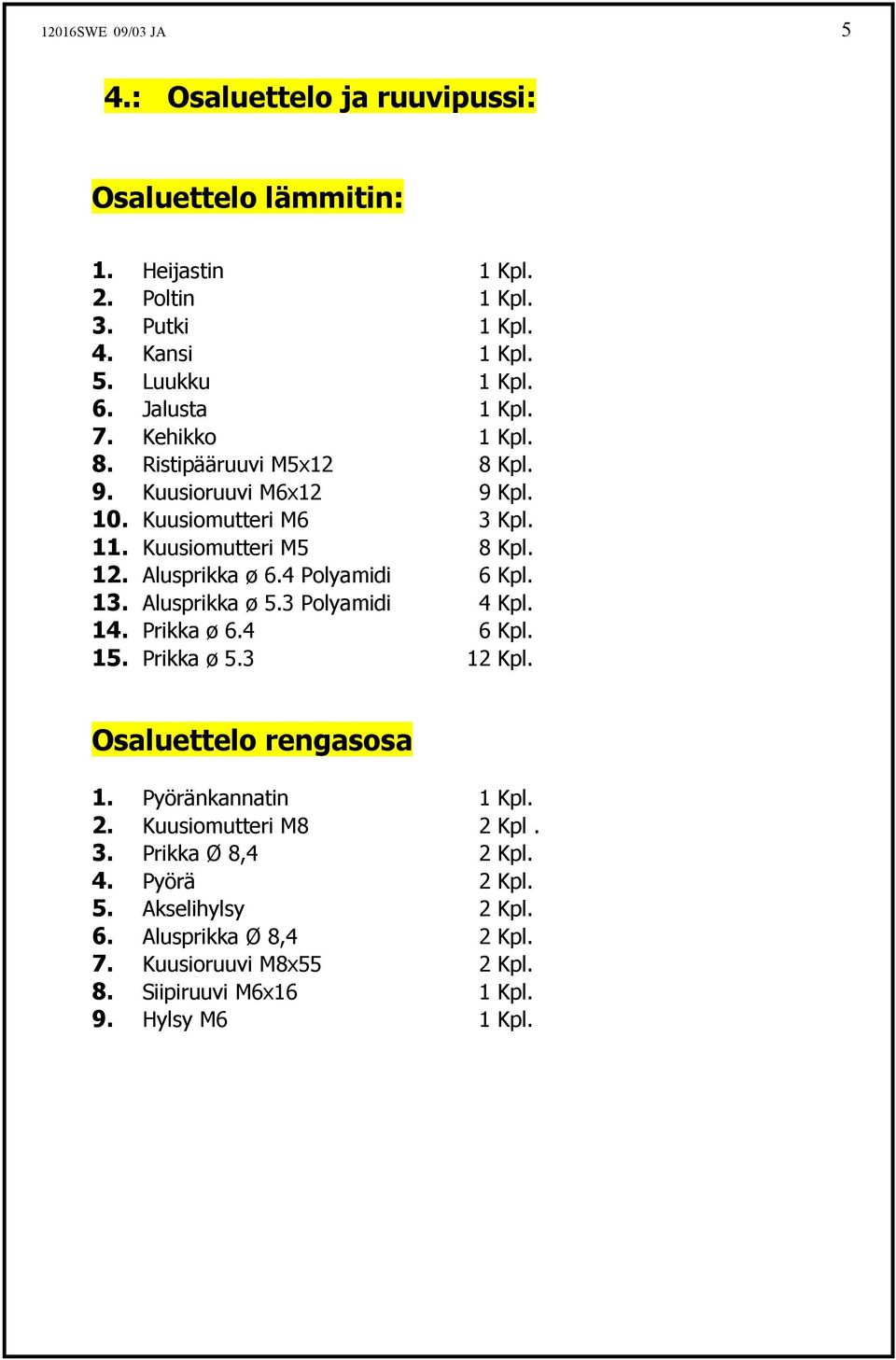 4 Polyamidi 6 Kpl. 13. Alusprikka ø 5.3 Polyamidi 4 Kpl. 14. Prikka ø 6.4 6 Kpl. 15. Prikka ø 5.3 12 Kpl. Osaluettelo rengasosa 1. Pyöränkannatin 1 Kpl. 2.