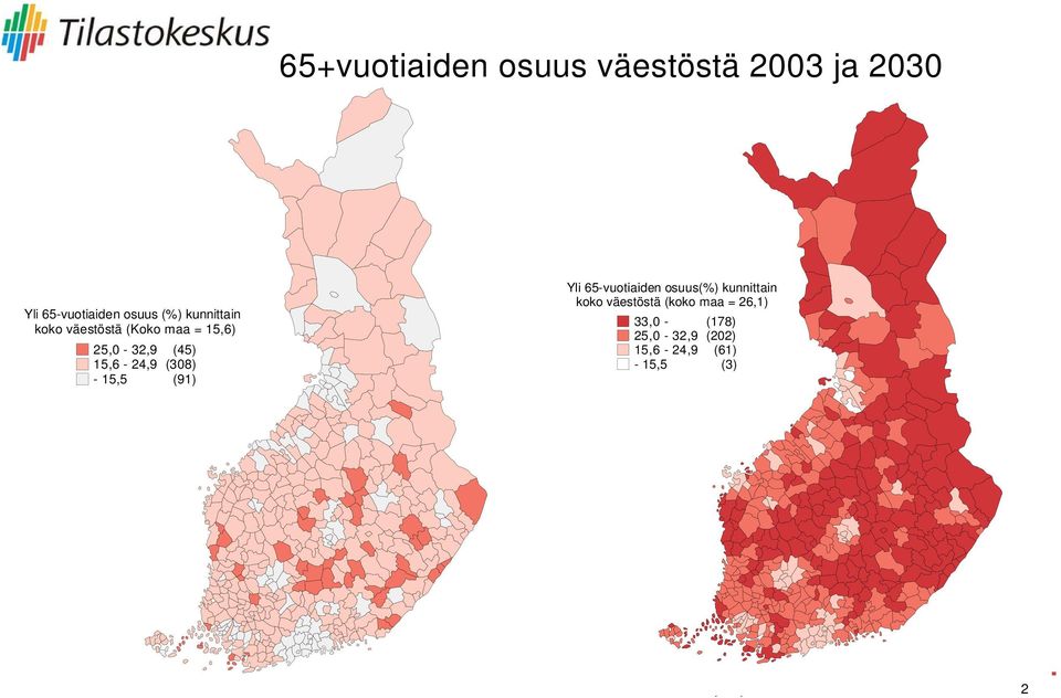 15,5 (91) Yli 65-vuotiaiden osuus(%) kunnittain koko väestöstä (koko maa = 26,1)