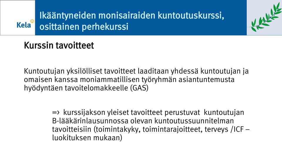 asiantuntemusta hyödyntäen tavitelmakkeelle (GAS) => kurssijaksn yleiset tavitteet perustuvat kuntutujan