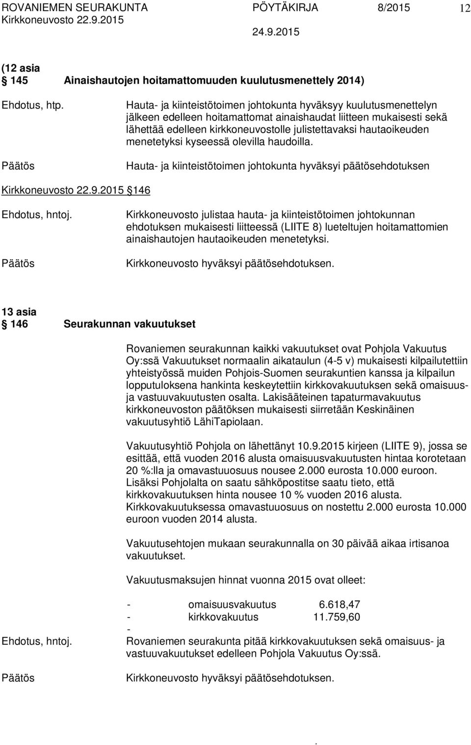 hyväksyi päätösehdotuksen Kirkkoneuvosto 2292015 146 Ehdotus, hntoj Kirkkoneuvosto julistaa hauta- ja kiinteistötoimen johtokunnan ehdotuksen mukaisesti liitteessä (LIITE 8) lueteltujen