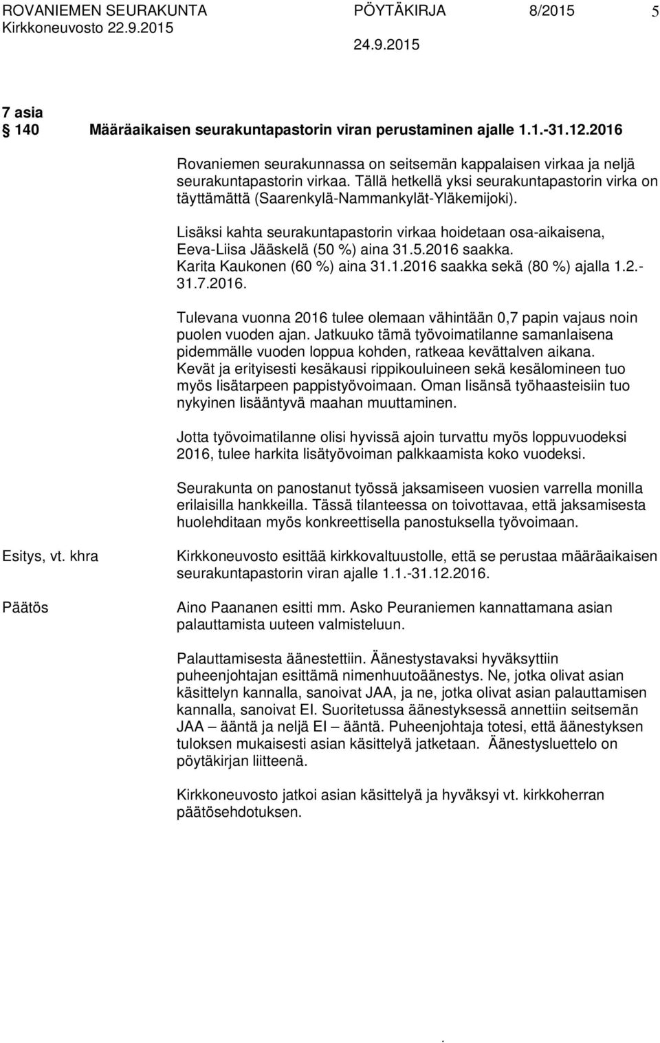 aina 3152016 saakka Karita Kaukonen (60 %) aina 3112016 saakka sekä (80 %) ajalla 12-3172016 Tulevana vuonna 2016 tulee olemaan vähintään 0,7 papin vajaus noin puolen vuoden ajan Jatkuuko tämä
