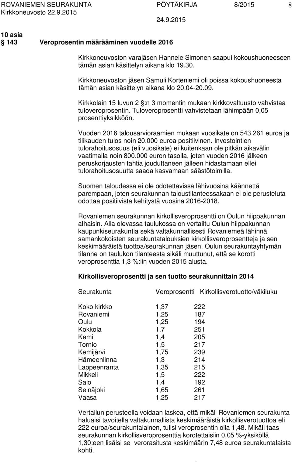 Tuloveroprosentti vahvistetaan lähimpään 0,05 prosenttiyksikköön Vuoden 2016 talousarvioraamien mukaan vuosikate on 543261 euroa ja tilikauden tulos noin 20000 euroa positiivinen Investointien