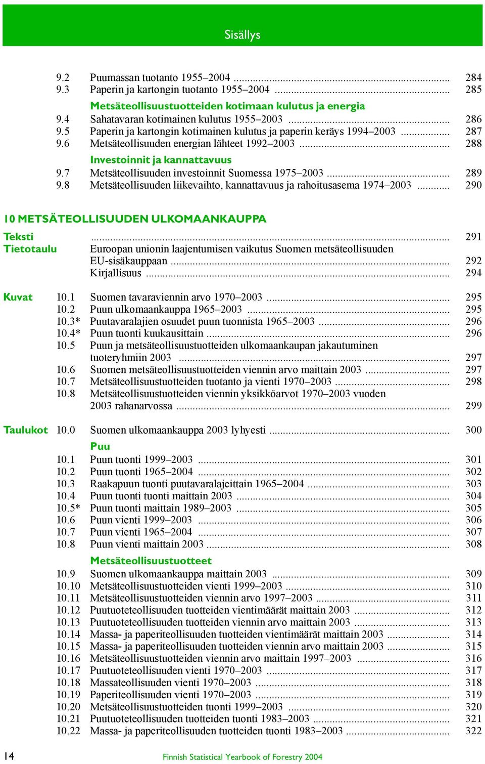 7 Metsäteollisuuden investoinnit Suomessa 1975 2003... 289 9.8 Metsäteollisuuden liikevaihto, kannattavuus ja rahoitusasema 1974 2003... 290 10 METSÄTEOLLISUUDEN ULKOMAANKAUPPA Teksti.