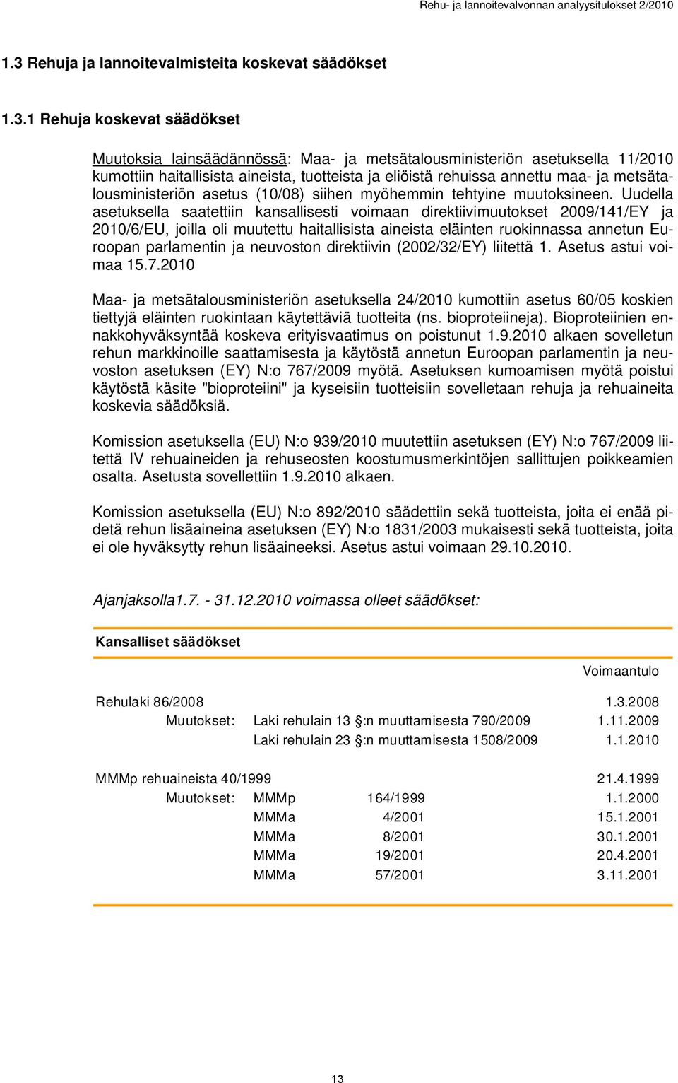 1 Rehuja koskevat säädökset Muutoksia lainsäädännössä: Maa- ja metsätalousministeriön asetuksella 11/2010 kumottiin haitallisista aineista, tuotteista ja eliöistä rehuissa annettu maa- ja