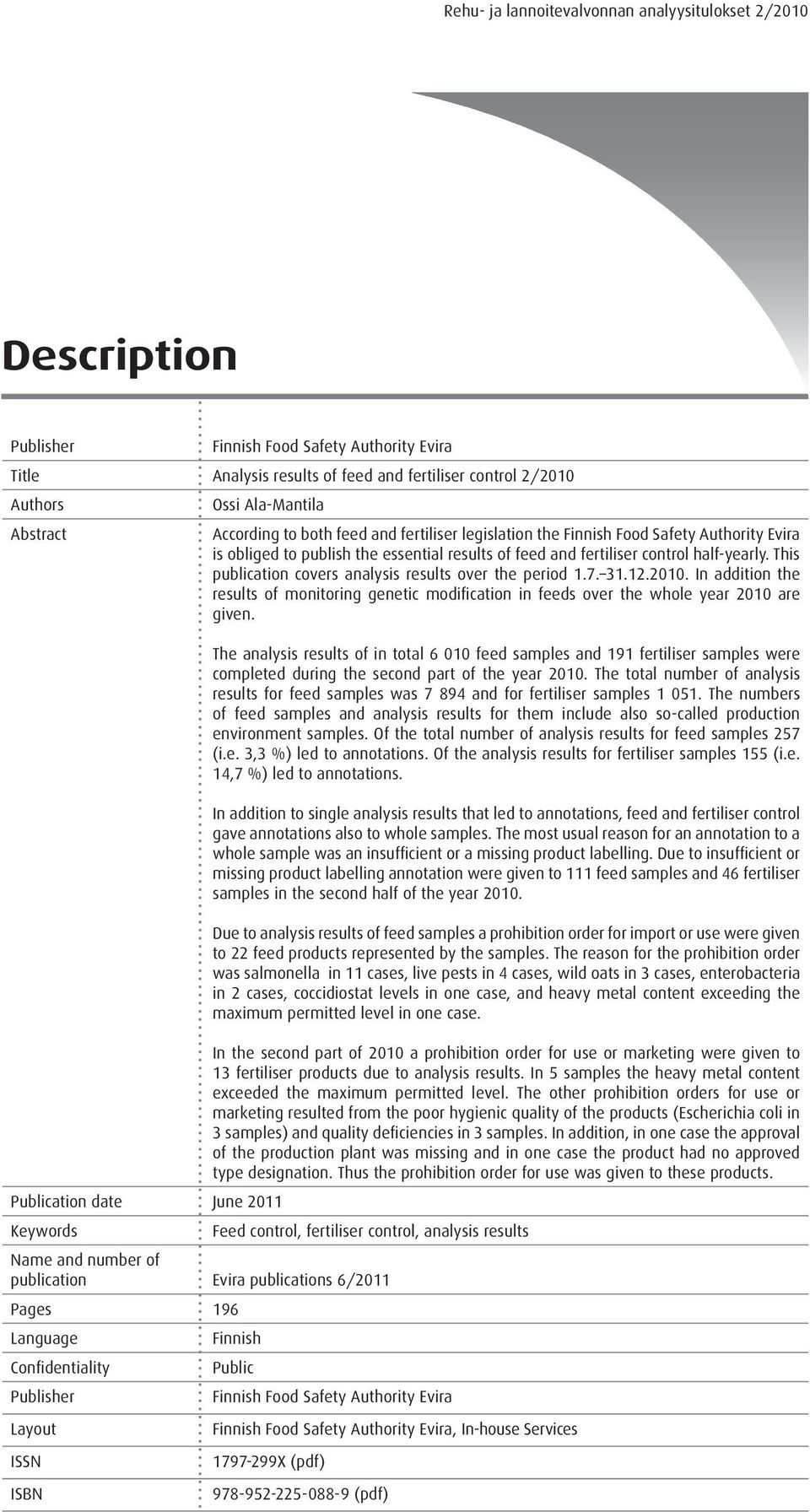 fertiliser control half-yearly. This publication covers analysis results over the period 1.7. 31.12.2010.