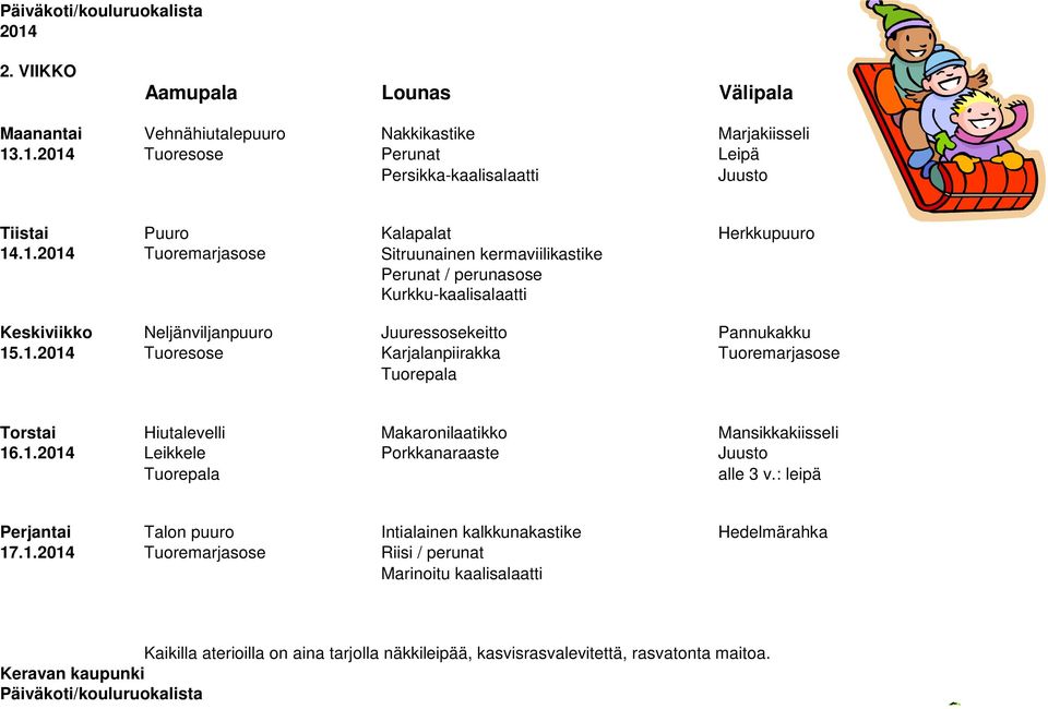 Perunat / perunasose Kurkku-kaalisalaatti Keskiviikko Neljänviljanpuuro Juuressosekeitto Pannukakku 15