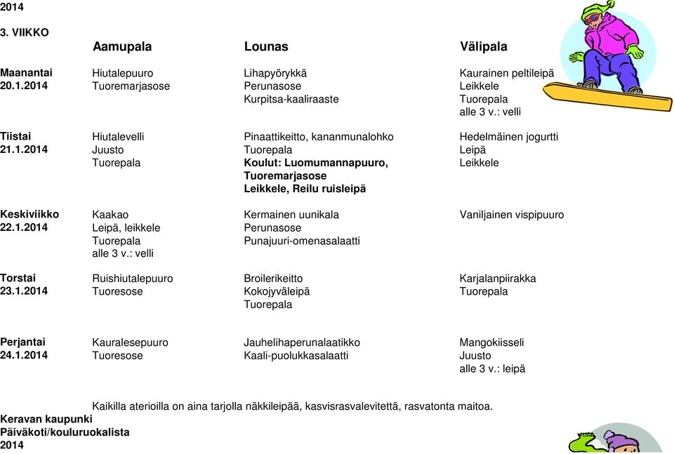 1. Juusto Leipä Koulut: Luomumannapuuro, Leikkele Tuoremarjasose Leikkele, Reilu ruisleipä Keskiviikko Kaakao Kermainen uunikala Vaniljainen vispipuuro 22.1. Leipä, leikkele Perunasose Punajuuri-omenasalaatti Torstai Ruishiutalepuuro Broilerikeitto Karjalanpiirakka 23.