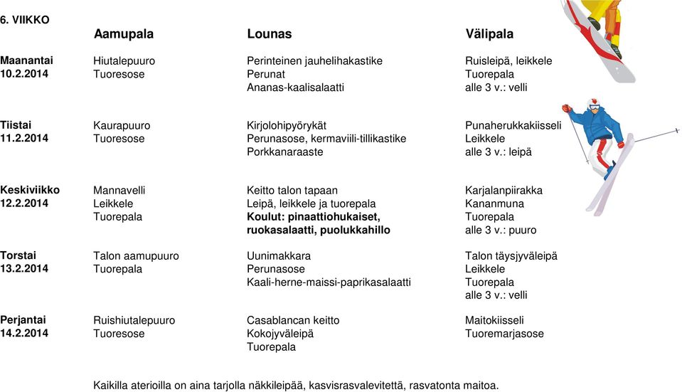 Tuoresose Perunasose, kermaviili-tillikastike Leikkele Porkkanaraaste alle 3 v.: leipä Keskiviikko Mannavelli Keitto talon tapaan Karjalanpiirakka 12.