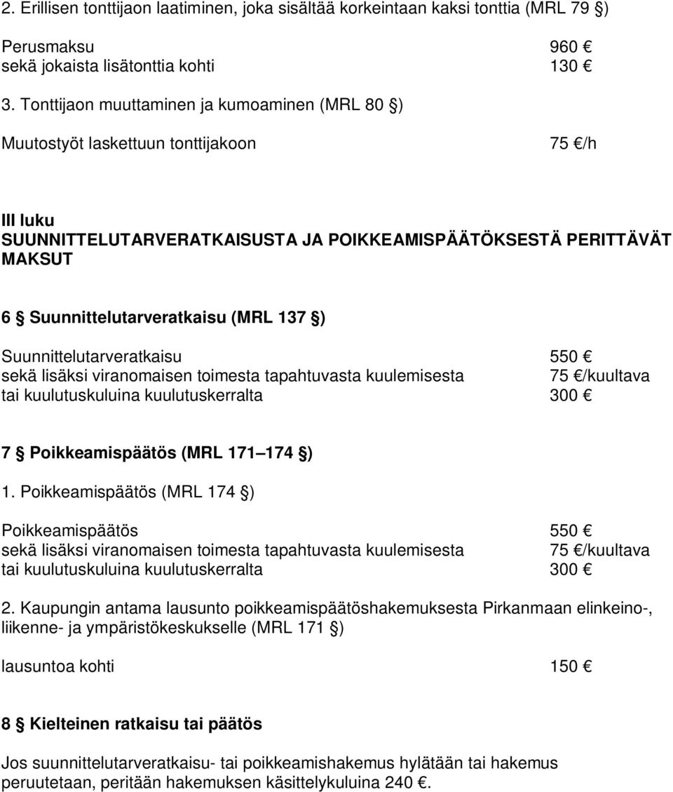 137 ) Suunnittelutarveratkaisu 550 sekä lisäksi viranomaisen toimesta tapahtuvasta kuulemisesta 75 /kuultava tai kuulutuskuluina kuulutuskerralta 300 7 Poikkeamispäätös (MRL 171 174 ) 1.