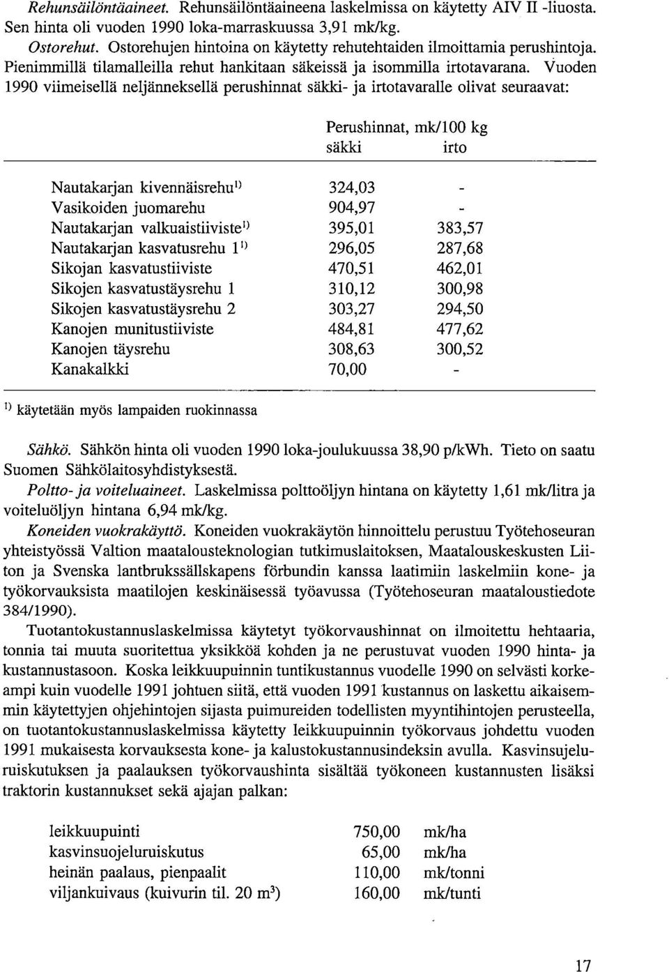 Vuoden 1990 viimeisellä neljänneksellä perushinnat säkki- ja irtotavaralle olivat seuraavat: Perushinnat, mk/100 kg säkki irto Nautakarjan kivennäisrehuo Vasikoiden juomarehu 324,03 904,97