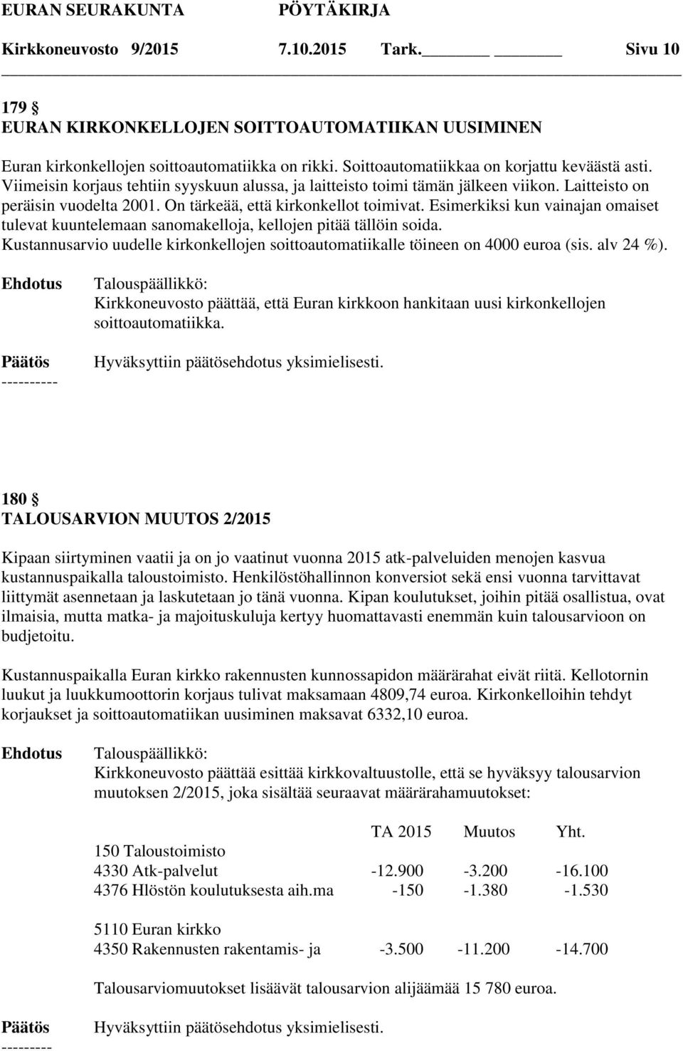 Esimerkiksi kun vainajan omaiset tulevat kuuntelemaan sanomakelloja, kellojen pitää tällöin soida. Kustannusarvio uudelle kirkonkellojen soittoautomatiikalle töineen on 4000 euroa (sis. alv 24 %).