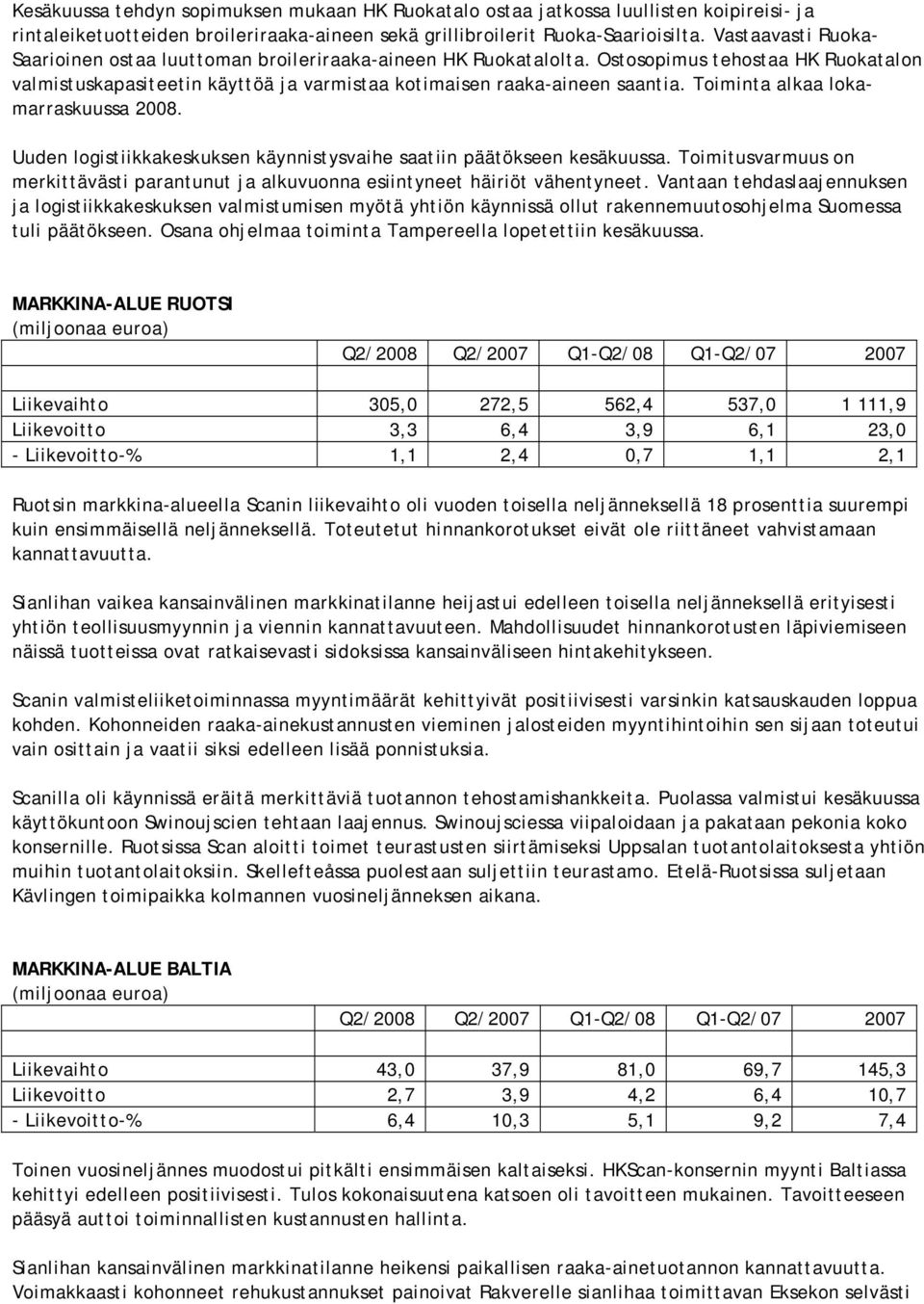 Toiminta alkaa lokamarraskuussa 2008. Uuden logistiikkakeskuksen käynnistysvaihe saatiin päätökseen kesäkuussa.