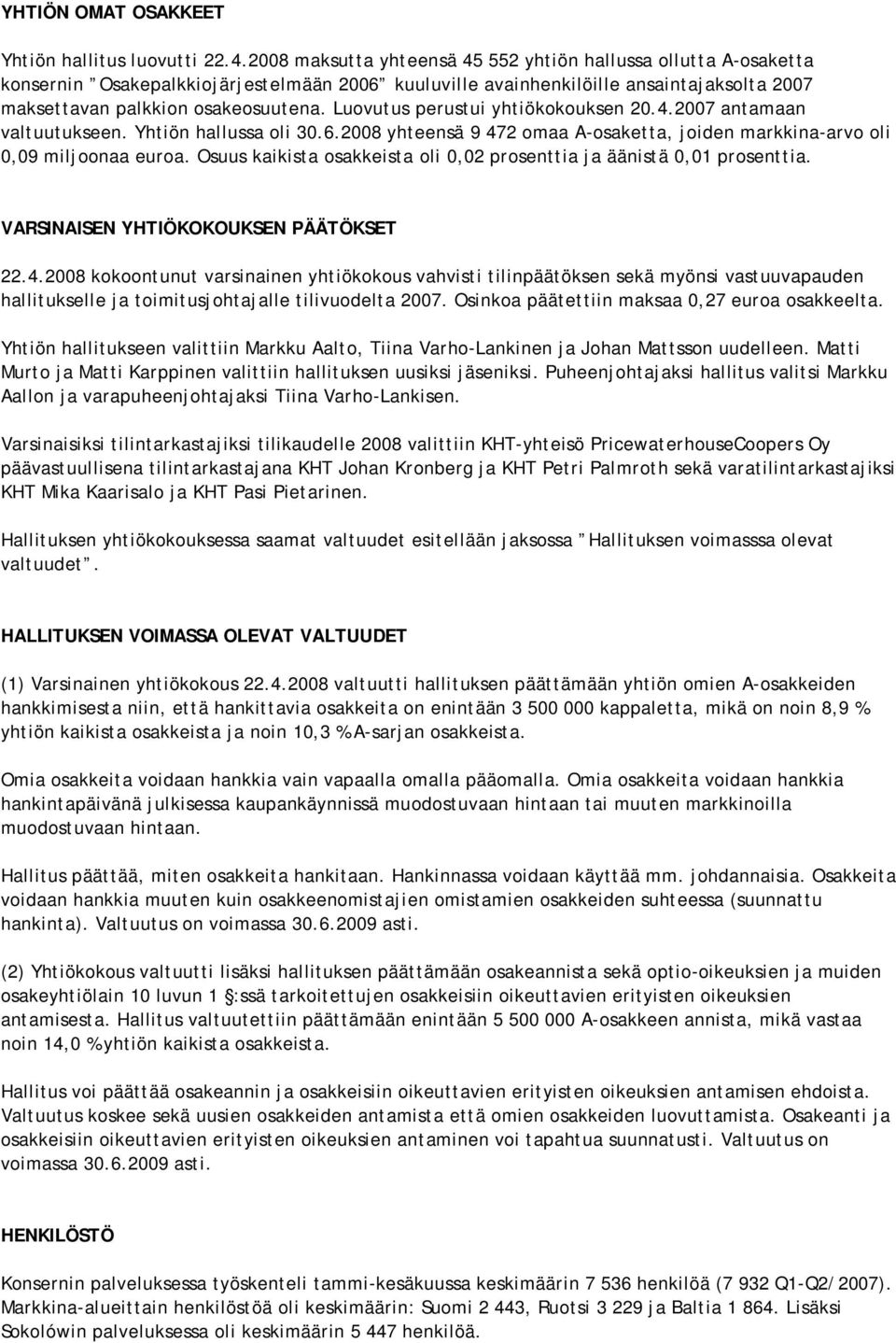 Luovutus perustui yhtiökokouksen 20.4.2007 antamaan valtuutukseen. Yhtiön hallussa oli 30.6.2008 yhteensä 9 472 omaa A-osaketta, joiden markkina-arvo oli 0,09 miljoonaa euroa.