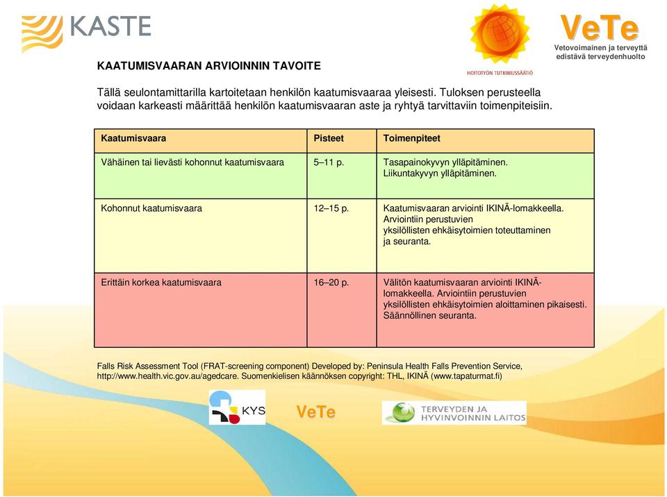 Toimenpiteet Tasapainokyvyn ylläpitäminen. Liikuntakyvyn ylläpitäminen. Kohonnut kaatumisvaara 12 15 p. Kaatumisvaaran arviointi IKINÄ-lomakkeella.