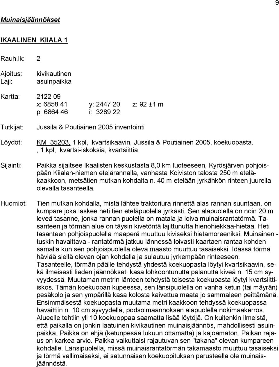 35203, 1 kpl, kvartsikaavin, Jussila & Poutiainen 2005, koekuopasta., 1 kpl, kvartsi-iskoksia, kvartsiittia.