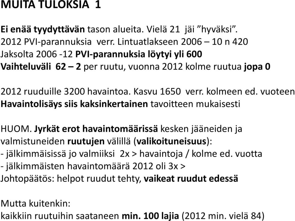 Kasvu 1650 verr. kolmeen ed. vuoteen Havaintolisäys siis kaksinkertainen tavoitteen mukaisesti HUOM.