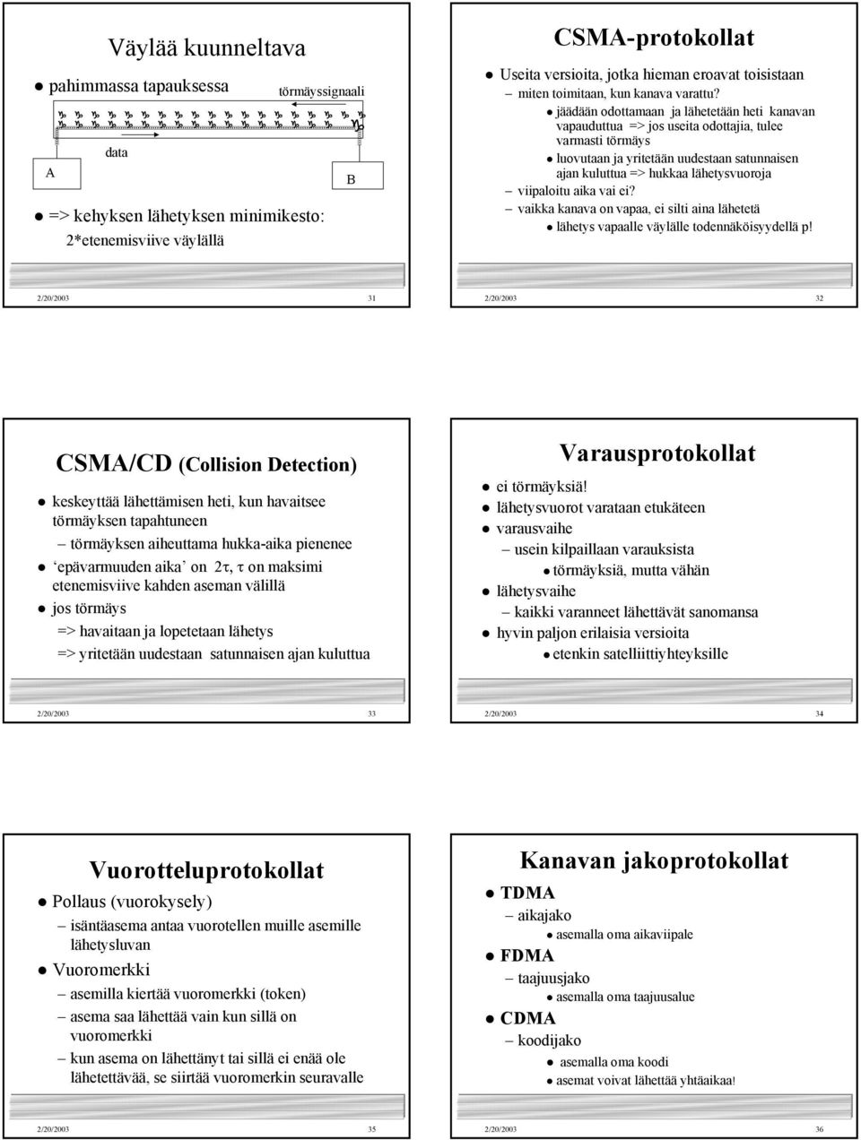 jäädään odottamaan ja lähetetään heti kanavan vapauduttua => jos useita odottajia, tulee varmasti törmäys luovutaan ja yritetään uudestaan satunnaisen ajan kuluttua => hukkaa lähetysvuoroja