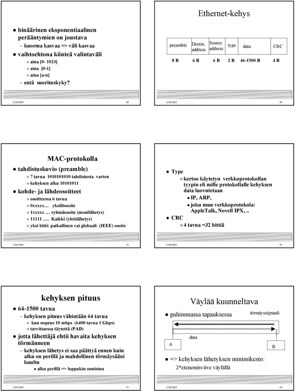 address Source address type data CRC 8 B 6 B 6 B 2 B 46-1500 B 4 B 2/20/2003 49 2/20/2003 50 MAC-protokolla tahdistuskuvio (preamble)» 7 tavua 1010101010 tahdistusta varten» kehyksen alku 10101011