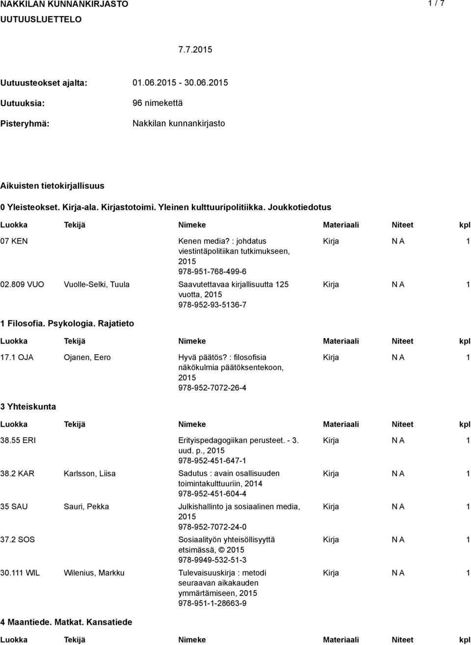 809 VUO Vuolle-Selki, Tuula Saavutettavaa kirjallisuutta 5 vuotta, 05 978-95-93-536-7 Filosofia. Psykologia. Rajatieto 7. OJA Ojanen, Eero Hyvä päätös?