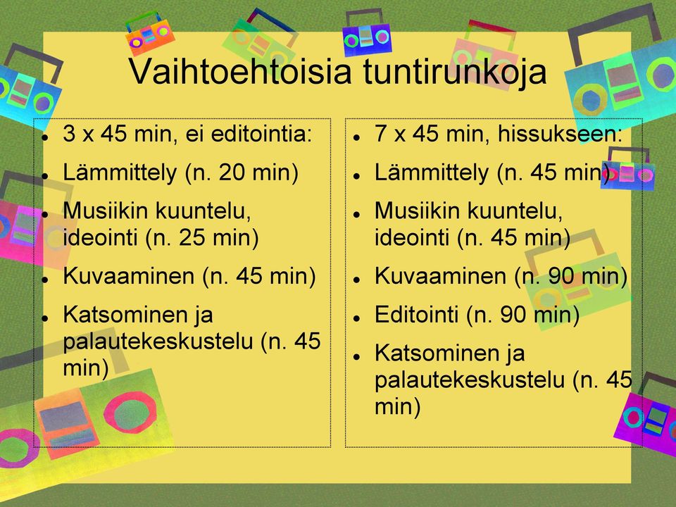 45 min) Katsominen ja palautekeskustelu (n. 45 min) 7 x 45 min, hissukseen: Lämmittely (n.