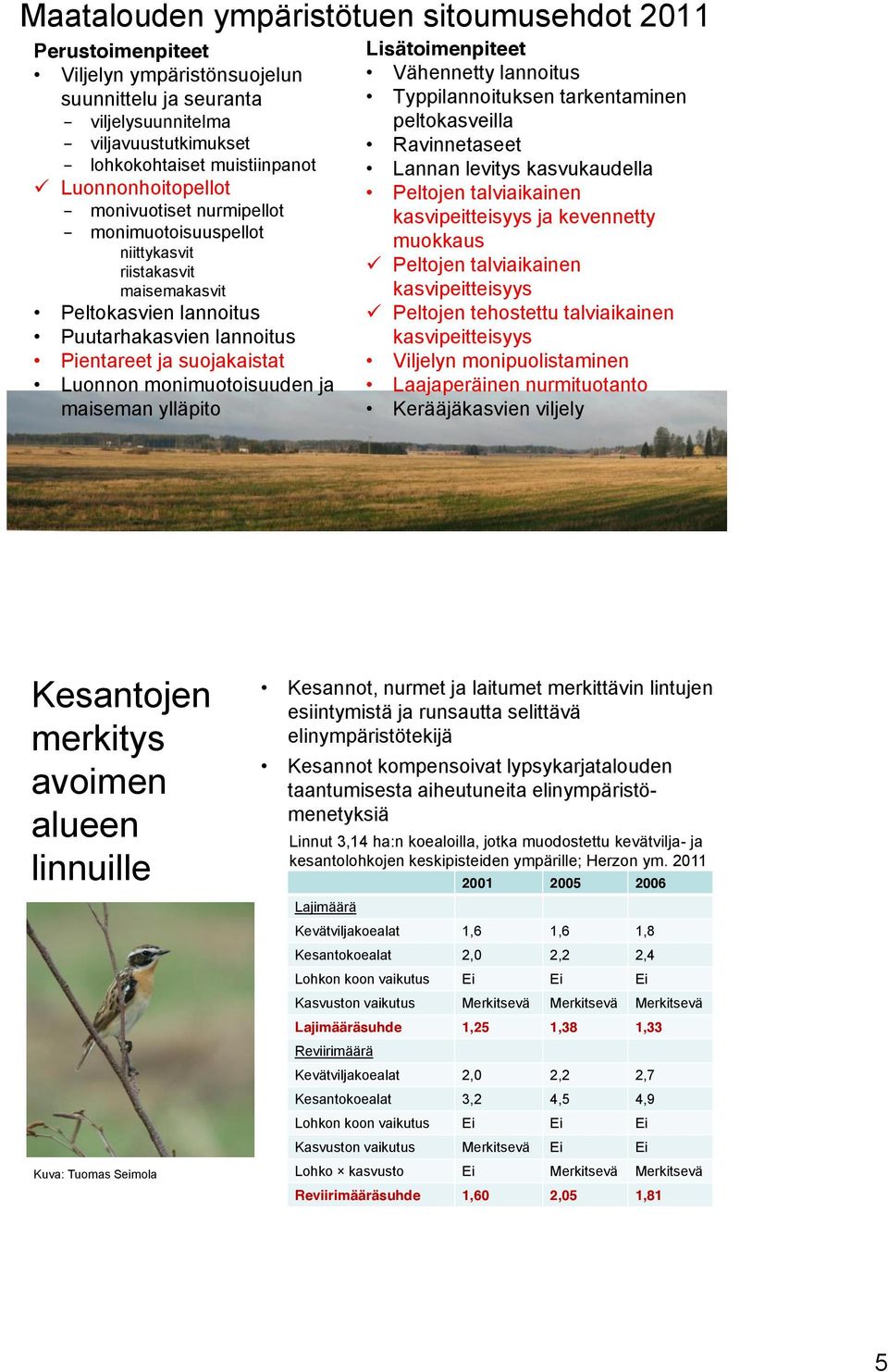 monimuotoisuuden ja maiseman ylläpito Lisätoimenpiteet Vähennetty lannoitus Typpilannoituksen tarkentaminen peltokasveilla Ravinnetaseet Lannan levitys kasvukaudella Peltojen talviaikainen