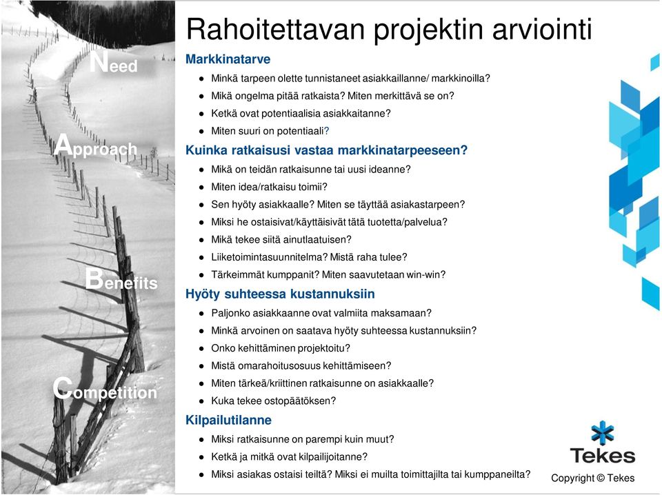 Sen hyöty asiakkaalle? Miten se täyttää asiakastarpeen? Miksi he ostaisivat/käyttäisivät tätä tuotetta/palvelua? Mikä tekee siitä ainutlaatuisen? Liiketoimintasuunnitelma? Mistä raha tulee?