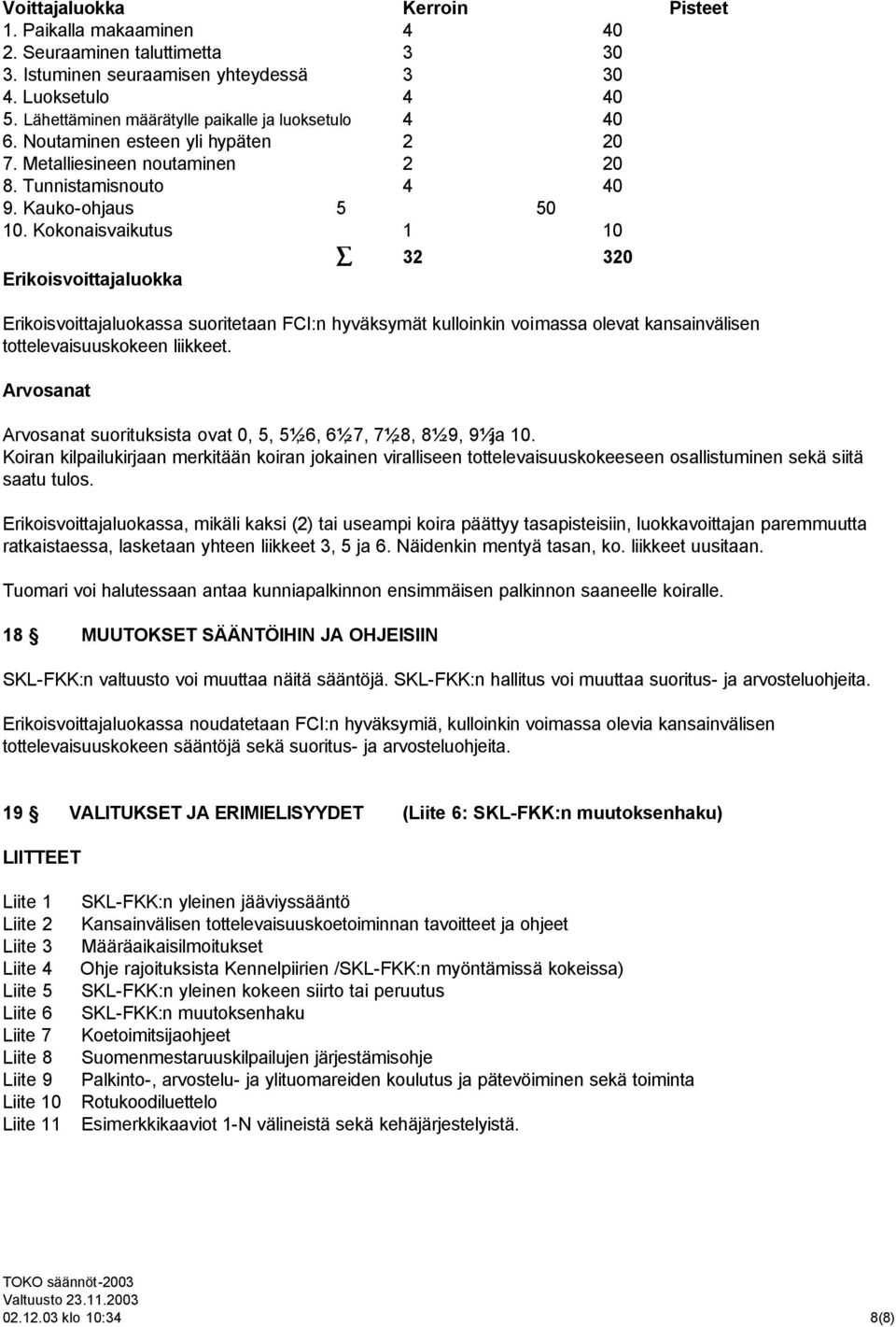 Kokonaisvaikutus 1 10 32 320 Erikoisvoittajaluokka Erikoisvoittajaluokassa suoritetaan FCI:n hyväksymät kulloinkin voimassa olevat kansainvälisen tottelevaisuuskokeen liikkeet.