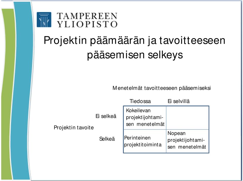 Projektin tavoite Ei selkeä Selkeä Kokeilevan