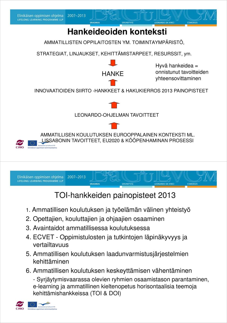 KONTEKSTI ML. LISSABONIN TAVOITTEET, EU2020 & KÖÖPENHAMINAN PROSESSI TOI-hankkeiden painopisteet 2013 1. Ammatillisen koulutuksen ja työelämän välinen yhteistyö 2.