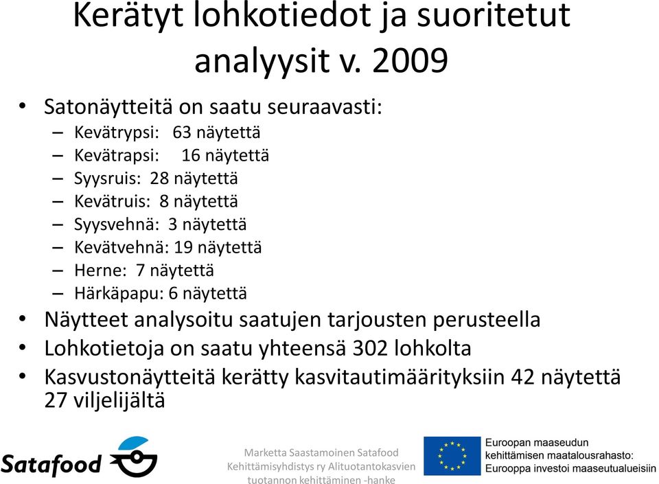 näytettä Kevätruis: 8 näytettä Syysvehnä: 3 näytettä Kevätvehnä: 19 näytettä Herne: 7 näytettä Härkäpapu: 6