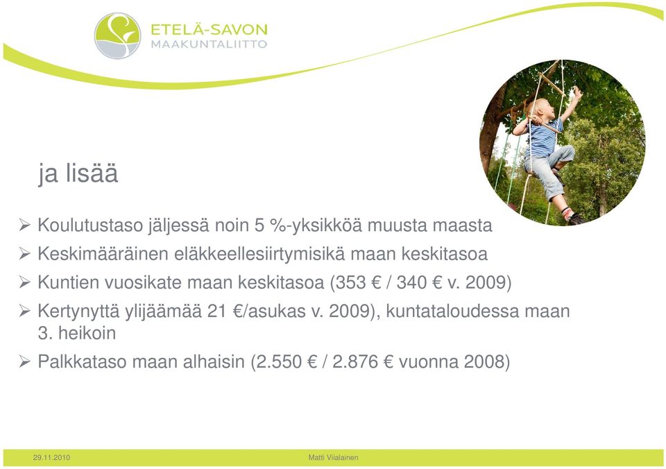 maan keskitasoa (353 / 340 v. 2009) Kertynyttä ylijäämää 21 /asukas v.