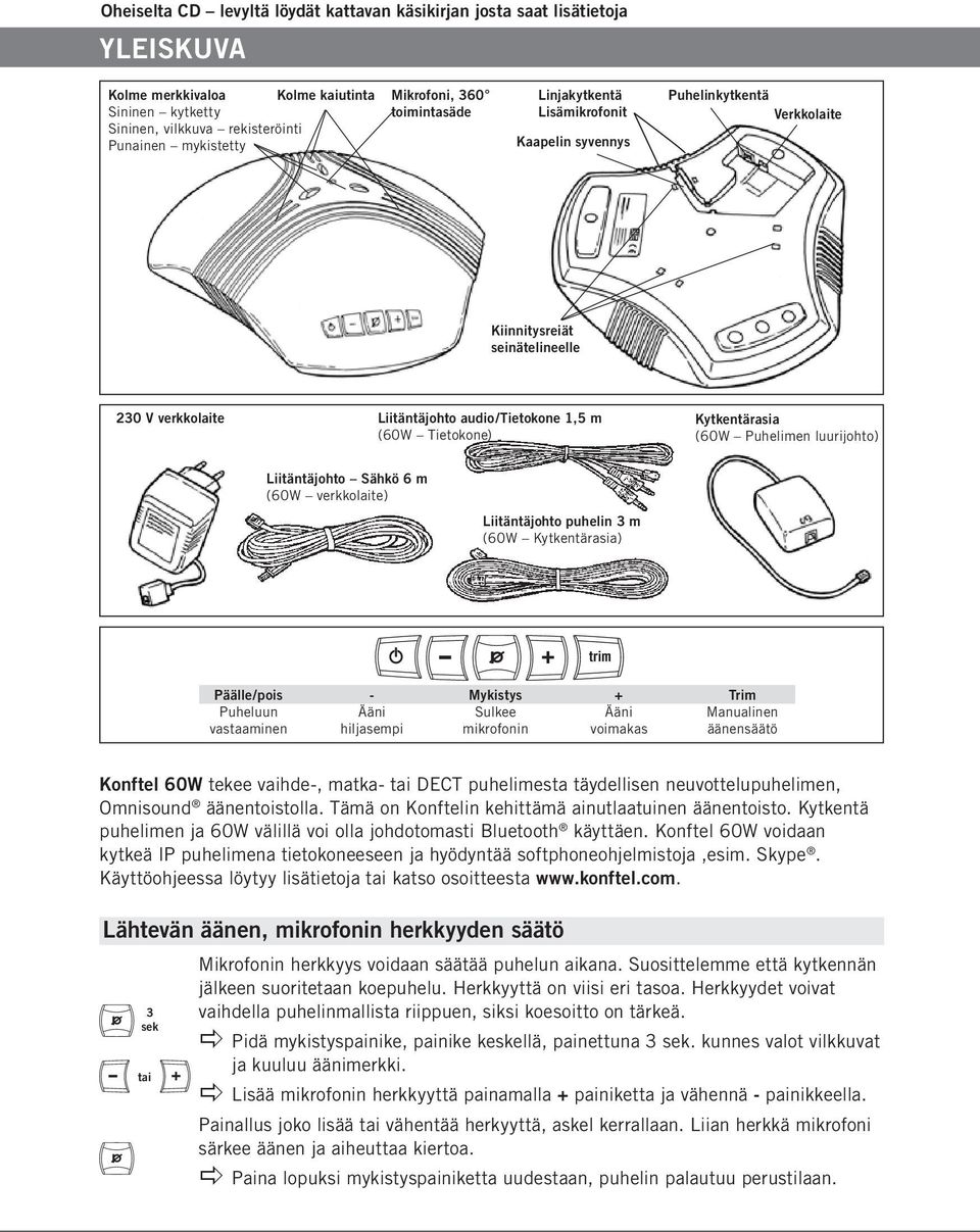 Puhelimen luurijohto) Liitäntäjohto Sähkö 6 m (60W verkkolaite) Liitäntäjohto puhelin 3 m (60W Kytkentärasia) Päälle/pois Puheluun vastaaminen - Ääni hiljasempi Mykistys Sulkee mikrofonin + Ääni