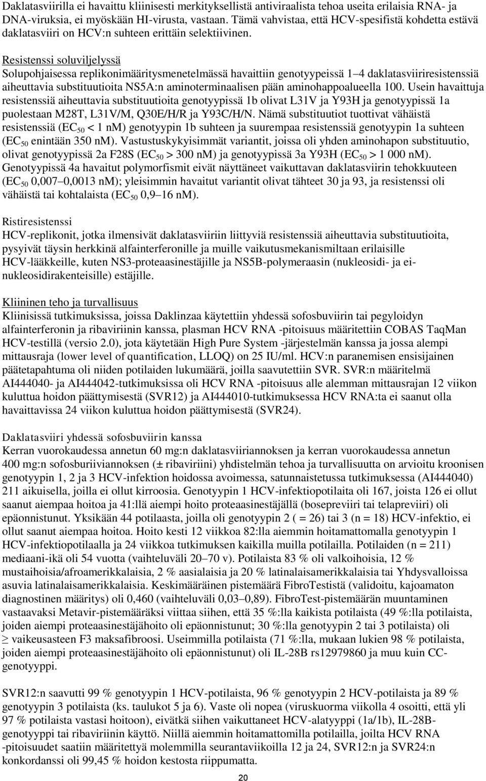 Resistenssi soluviljelyssä Solupohjaisessa replikonimääritysmenetelmässä havaittiin genotyypeissä 1 4 daklatasviiriresistenssiä aiheuttavia substituutioita NS5A:n aminoterminaalisen pään