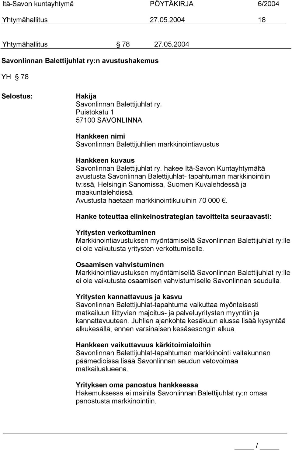 hakee Itä-Savon Kuntayhtymältä avustusta Savonlinnan Balettijuhlat- tapahtuman markkinointiin tv:ssä, Helsingin Sanomissa, Suomen Kuvalehdessä ja maakuntalehdissä.