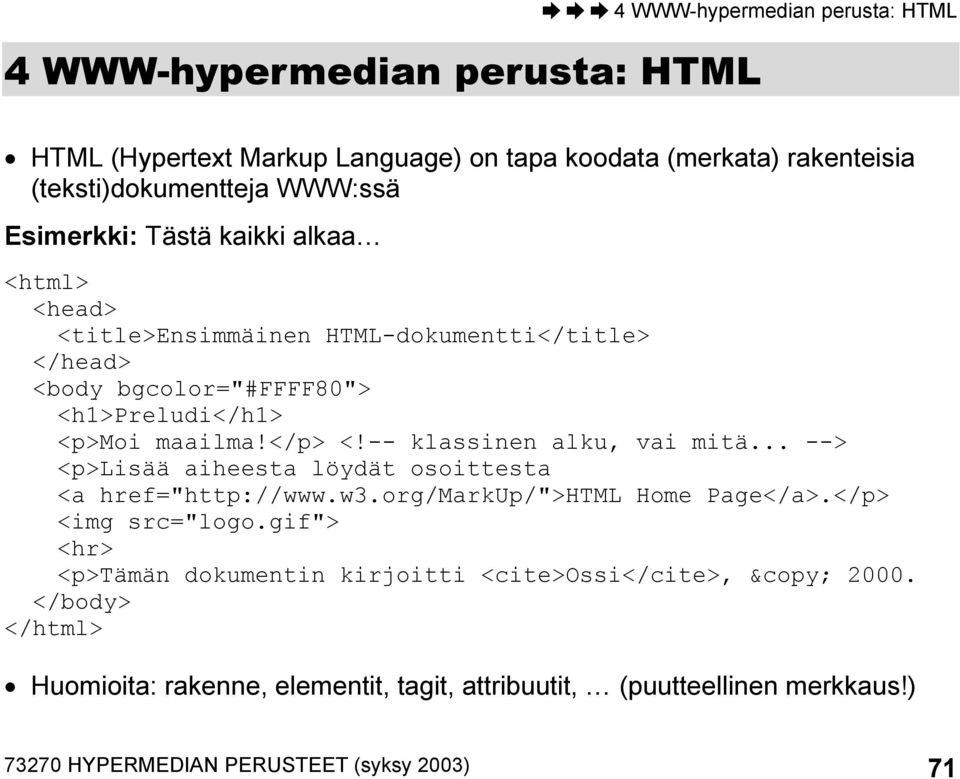 -- klassinen alku, vai mitä... --> <p>lisää aiheesta löydät osoittesta <a href="http://www.w3.org/markup/">html Home Page</a>.</p> <img src="logo.