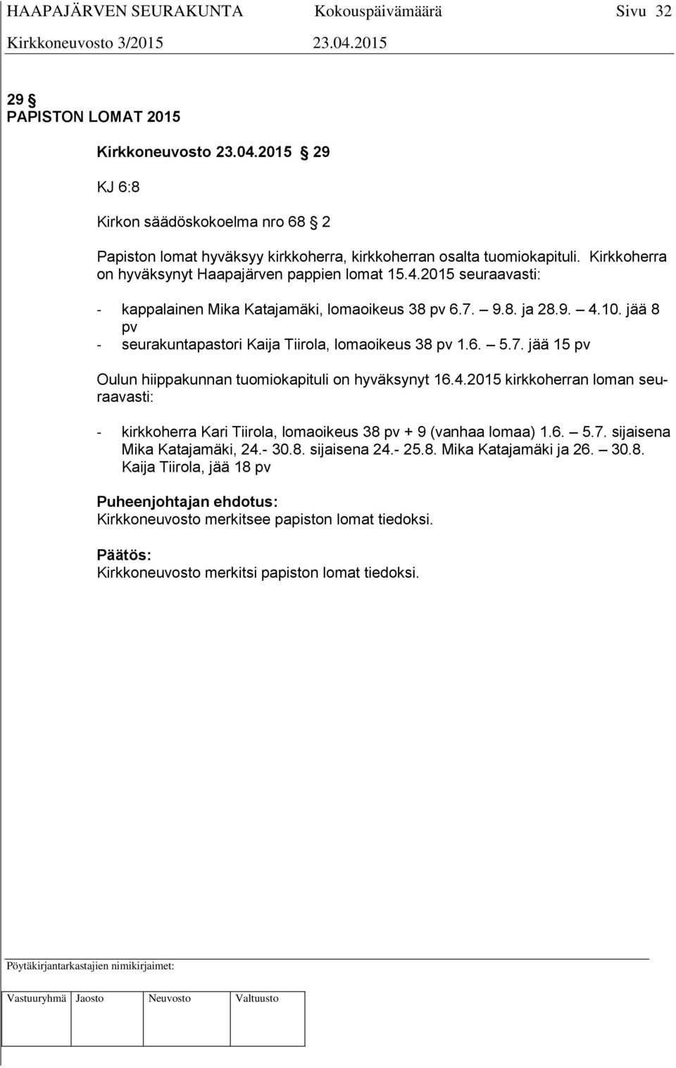 jää 8 pv - seurakuntapastori Kaija Tiirola, lomaoikeus 38 pv 1.6. 5.7. jää 15 pv Oulun hiippakunnan tuomiokapituli on hyväksynyt 16.4.