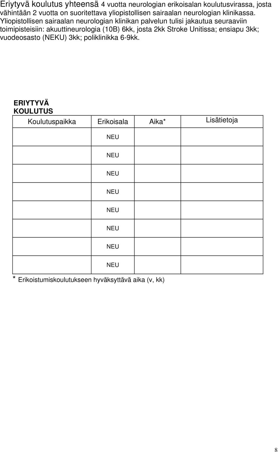 Yliopistollisen sairaalan neurologian klinikan palvelun tulisi jakautua seuraaviin toimipisteisiin: akuuttineurologia (10B)