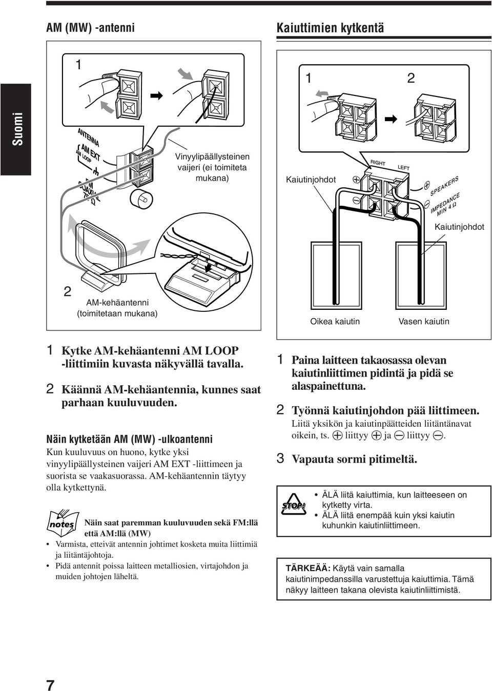 Näin kytketään AM (MW) -ulkoantenni Kun kuuluvuus on huono, kytke yksi vinyylipäällysteinen vaijeri AM EXT -liittimeen ja suorista se vaakasuorassa. AM-kehäantennin täytyy olla kytkettynä.
