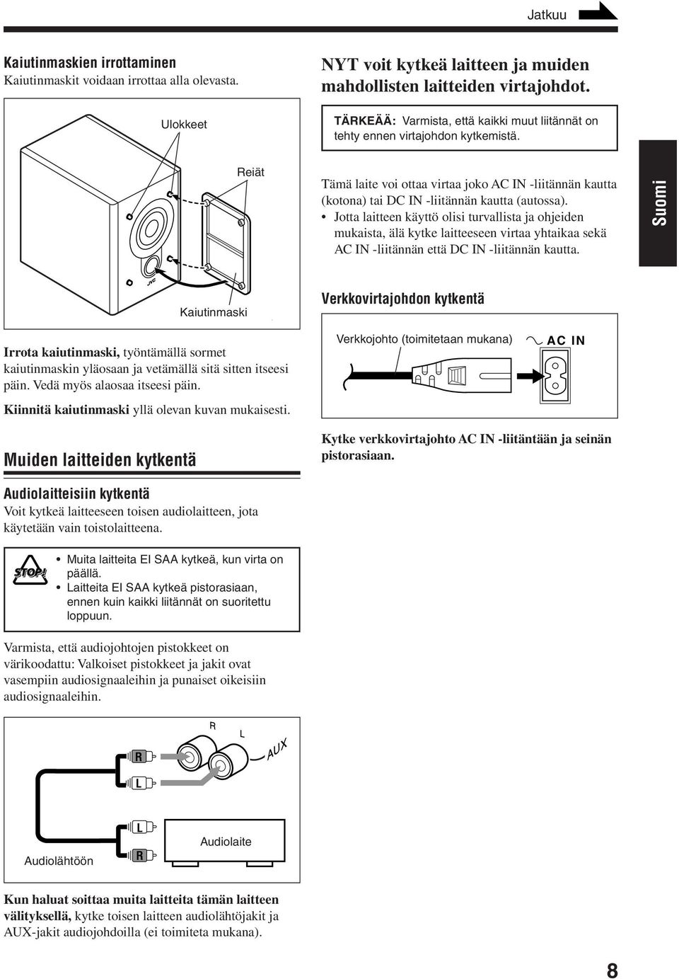 Jotta laitteen käyttö olisi turvallista ja ohjeiden mukaista, älä kytke laitteeseen virtaa yhtaikaa sekä AC IN -liitännän että DC IN -liitännän kautta.