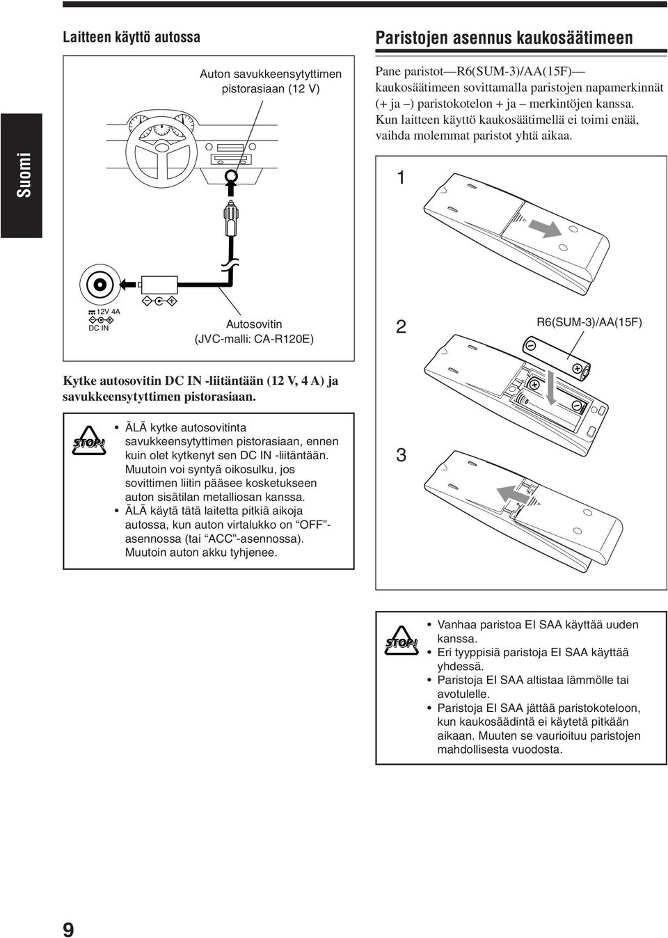 1 12V 4A DC IN Autosovitin (JVC-malli: CA-R120E) 2 R6(SUM-3)/AA(15F) Kytke autosovitin DC IN -liitäntään (12 V, 4 A) ja savukkeensytyttimen pistorasiaan.