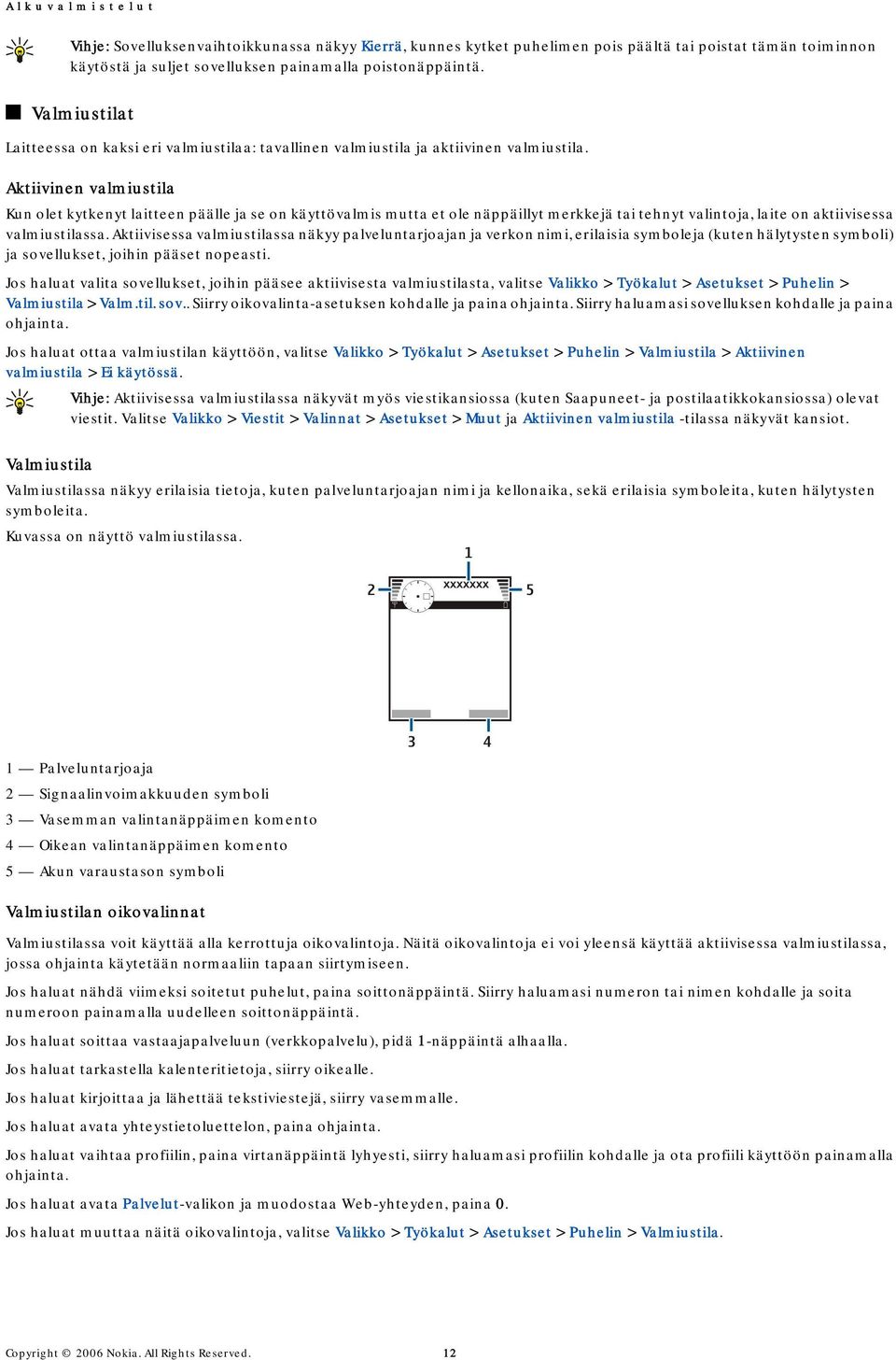 Aktiivinen valmiustila Kun olet kytkenyt laitteen päälle ja se on käyttövalmis mutta et ole näppäillyt merkkejä tai tehnyt valintoja, laite on aktiivisessa valmiustilassa.