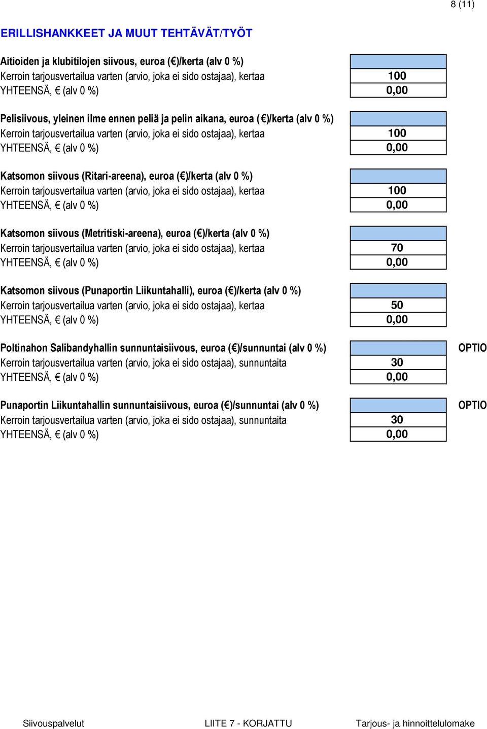 tarjousvertailua varten (arvio, joka ei sido ostajaa), kertaa Katsomon siivous (Metritiski-areena), euroa ( )/kerta (alv 0 %) Kerroin tarjousvertailua varten (arvio, joka ei sido ostajaa), kertaa