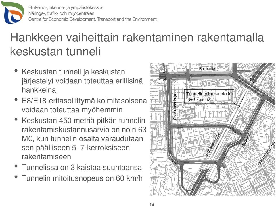 Keskustan 450 metriä pitkän tunnelin rakentamiskustannusarvio on noin 63 M, kun tunnelin osalta varaudutaan